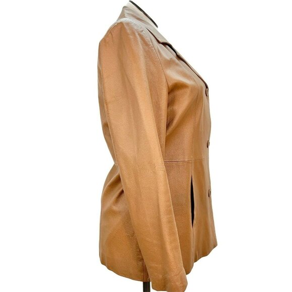 Womens Tan Leather Blazer Jacket M Button Long Sleeve Pockets Jessica Holbrook - Picture 6 of 8